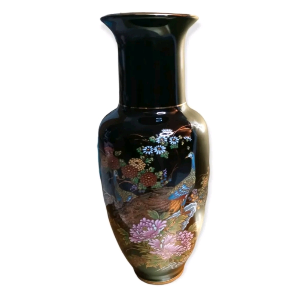 Peacock Vase Porcelain  Black w 2 Beautiful Peacocks Floral Gold Rim Japan